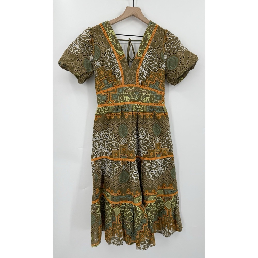 BTFL‎ Dress Womens Small Green Orange Ruffle Crochet Coquet Garden Preppy